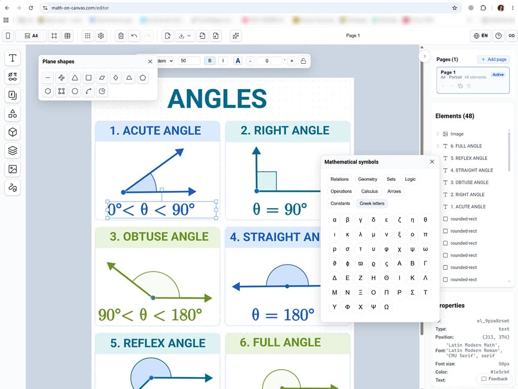 An angles reference chart in Math on Canvas showing acute, right, obtuse, straight, reflex and full angles, with the plane shapes and mathematical symbols palettes open