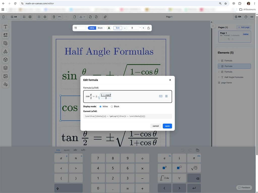 Editing a half-angle formula in Math on Canvas on a tablet, with the LaTeX formula editor and on-screen math keyboard open