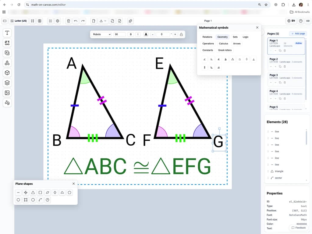 A congruent triangles diagram in Math on Canvas with matching angle and side ticks, the △ABC ≅ △EFG statement, and the mathematical symbols palette open