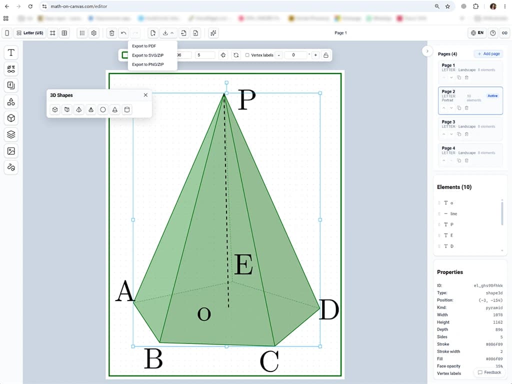 A 3D pyramid with labeled vertices in Math on Canvas, with the export menu open showing PDF, SVG and PNG options