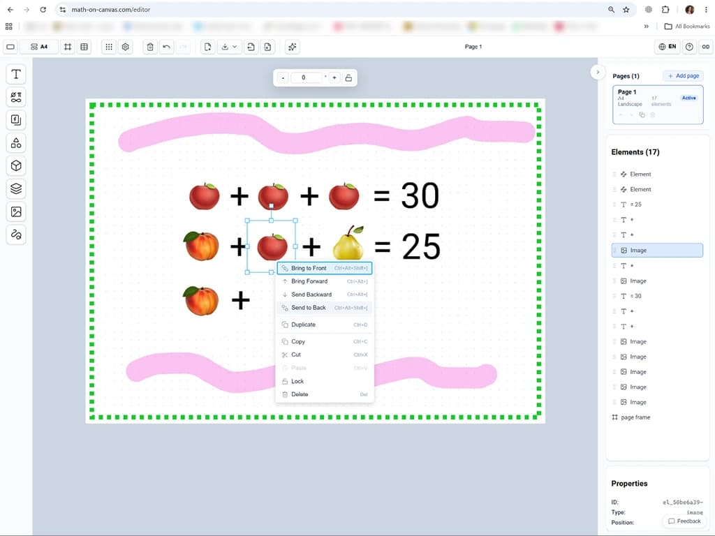 A fruit picture-equation puzzle being edited in Math on Canvas, with an element's right-click menu open