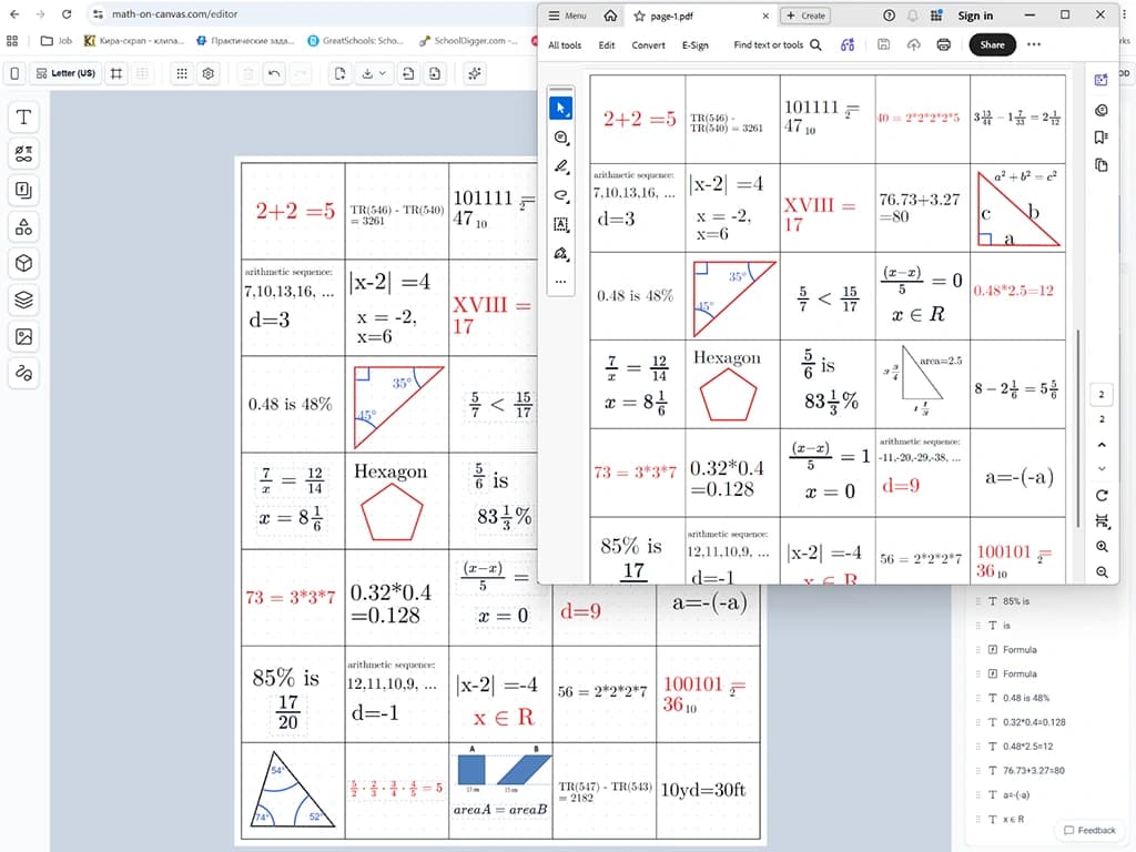 A math review worksheet exported from Math on Canvas as a PDF, showing a grid of algebra and geometry problems