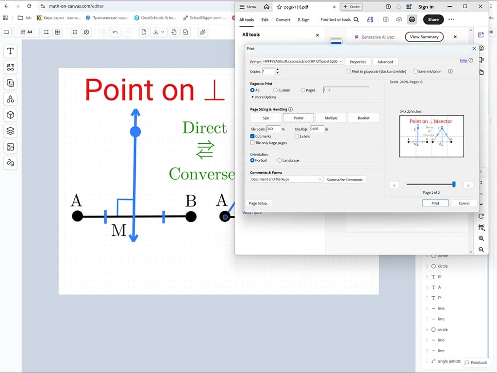 The browser print dialog set to poster mode for a Math on Canvas diagram, tiling a perpendicular-bisector construction across 8 pages into a 34 by 22 inch poster